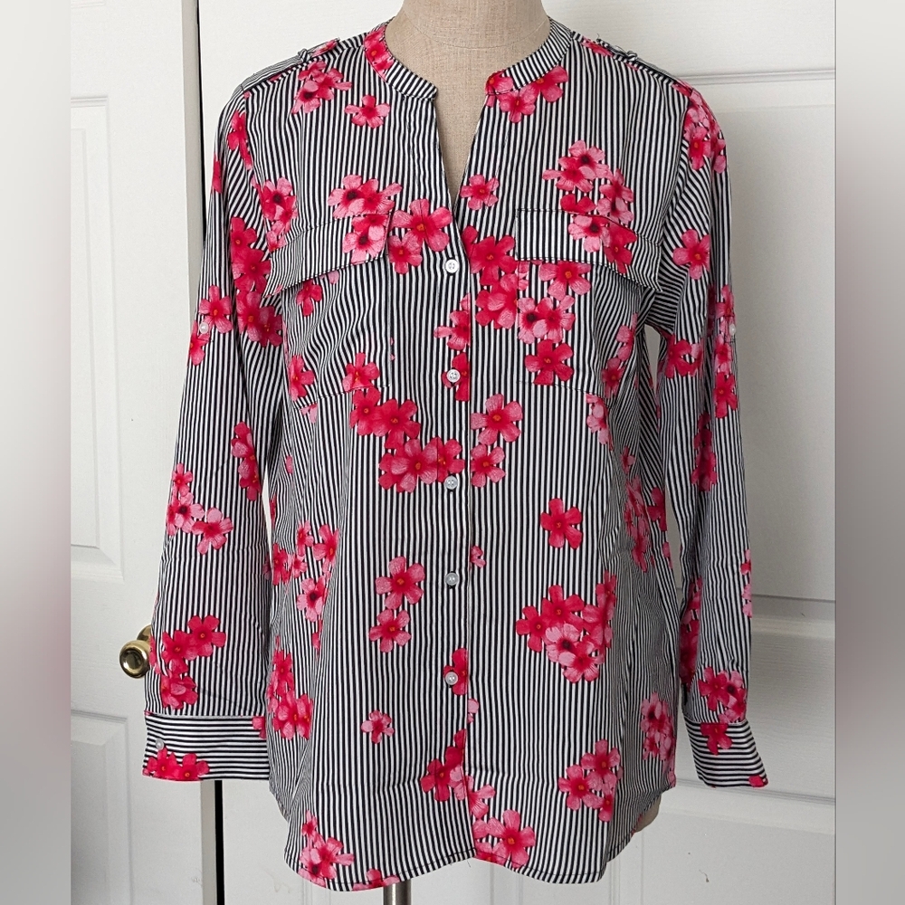 Calvin Klein Black and White Striped Blouse with Red Floral Design